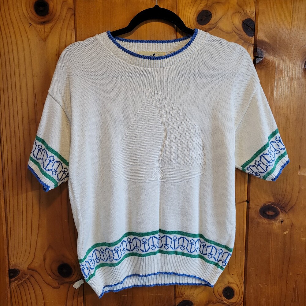 80s Winona knits sailboat large White 90s Vintage Short Sleeve Sweater Anchor